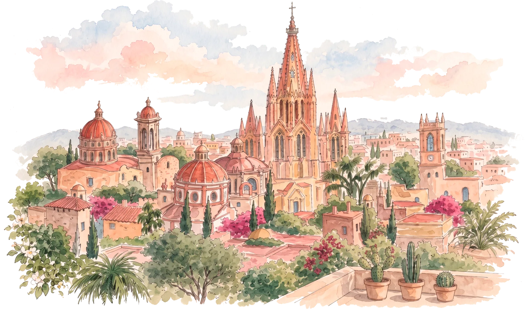 Acuarela panorámica de San Miguel de Allende